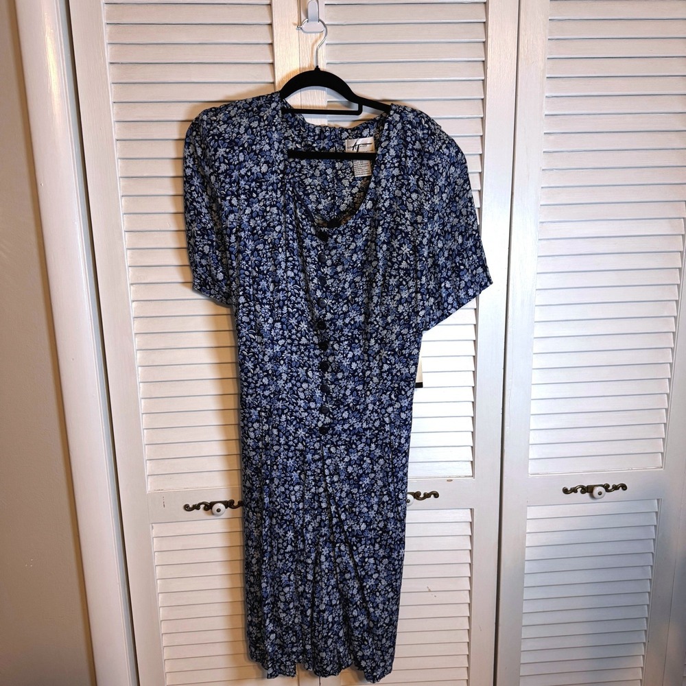 ALIX TAYLOR Woman VINTAGE Navy Floral Print Button Front Midi Plus Dress Size 22